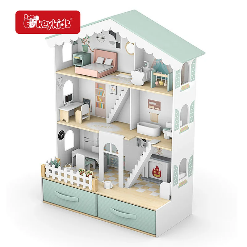 FSC Factory OEM Kids Pretend Play Wooden Doll House Toys with Storage W06A608
